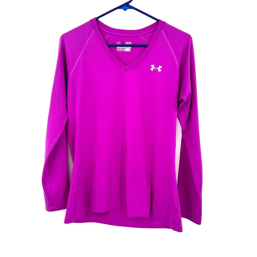 Under Armour Size Medium Shirt Pink Fuchsia Long Sleeve Heat Gear Semi‎ Fitted